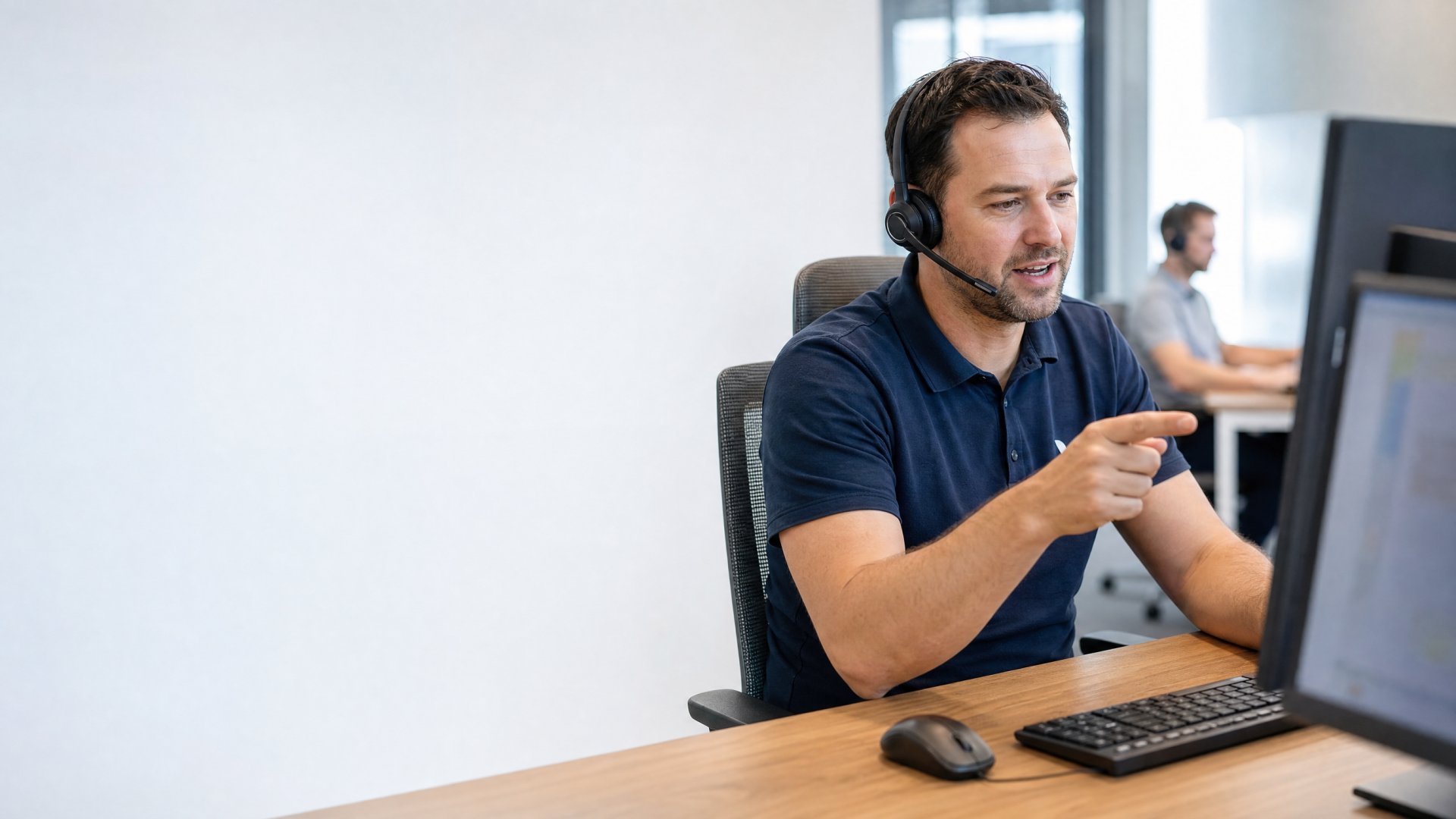 Support-Mitarbeiter mit Headset hilft einem Kunden am Telefon