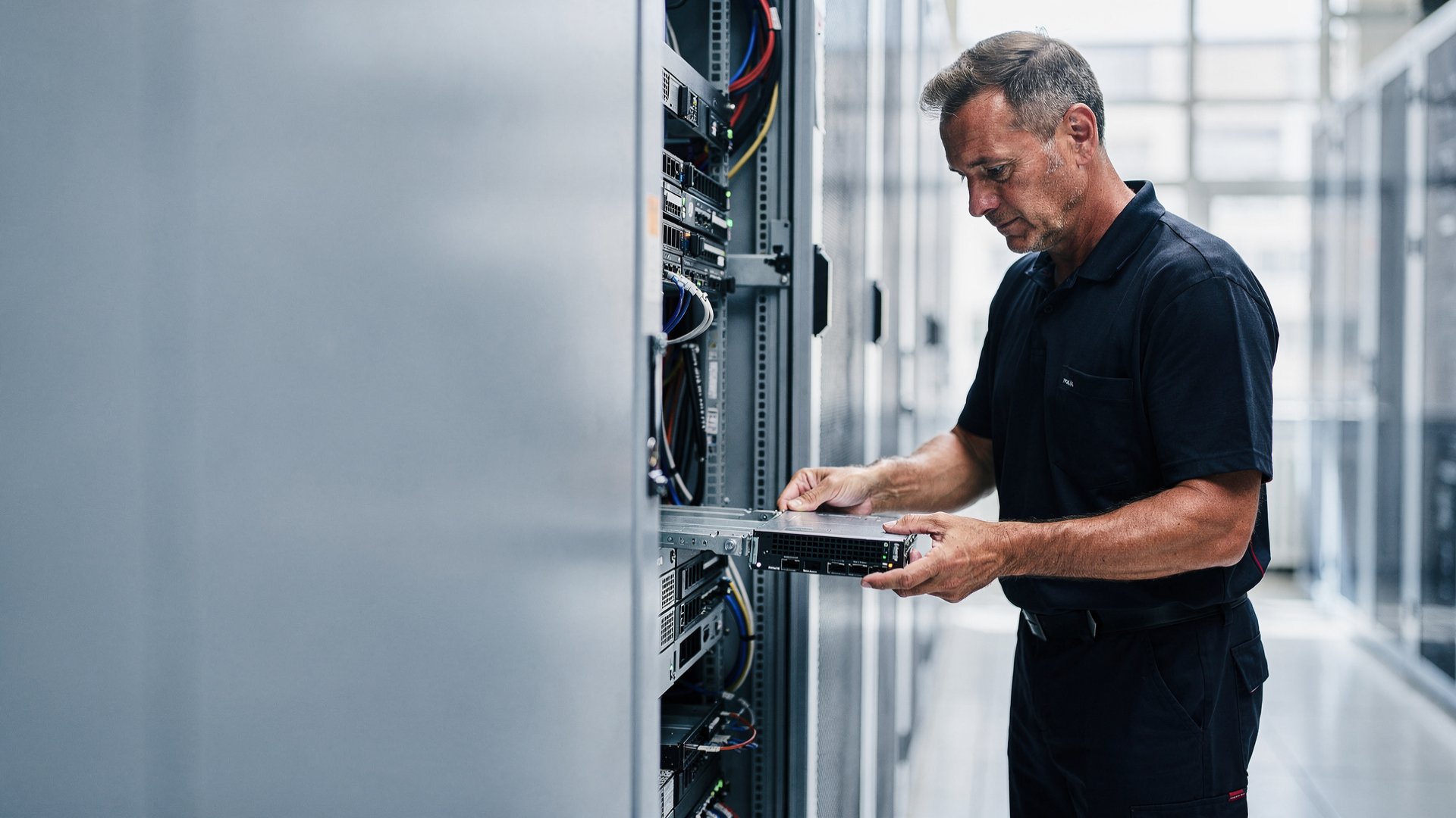 IT-Techniker setzt ein Servermodul in ein Rack ein, Sinnbild für die Technik, die badata selbst betreibt