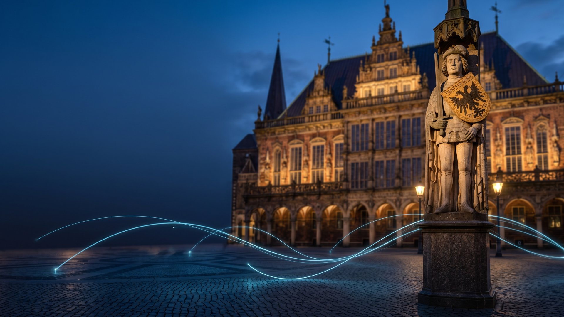 Bremer Roland vor dem Rathaus zur blauen Stunde mit leuchtenden Datenlinien (KI-Symbolbild)