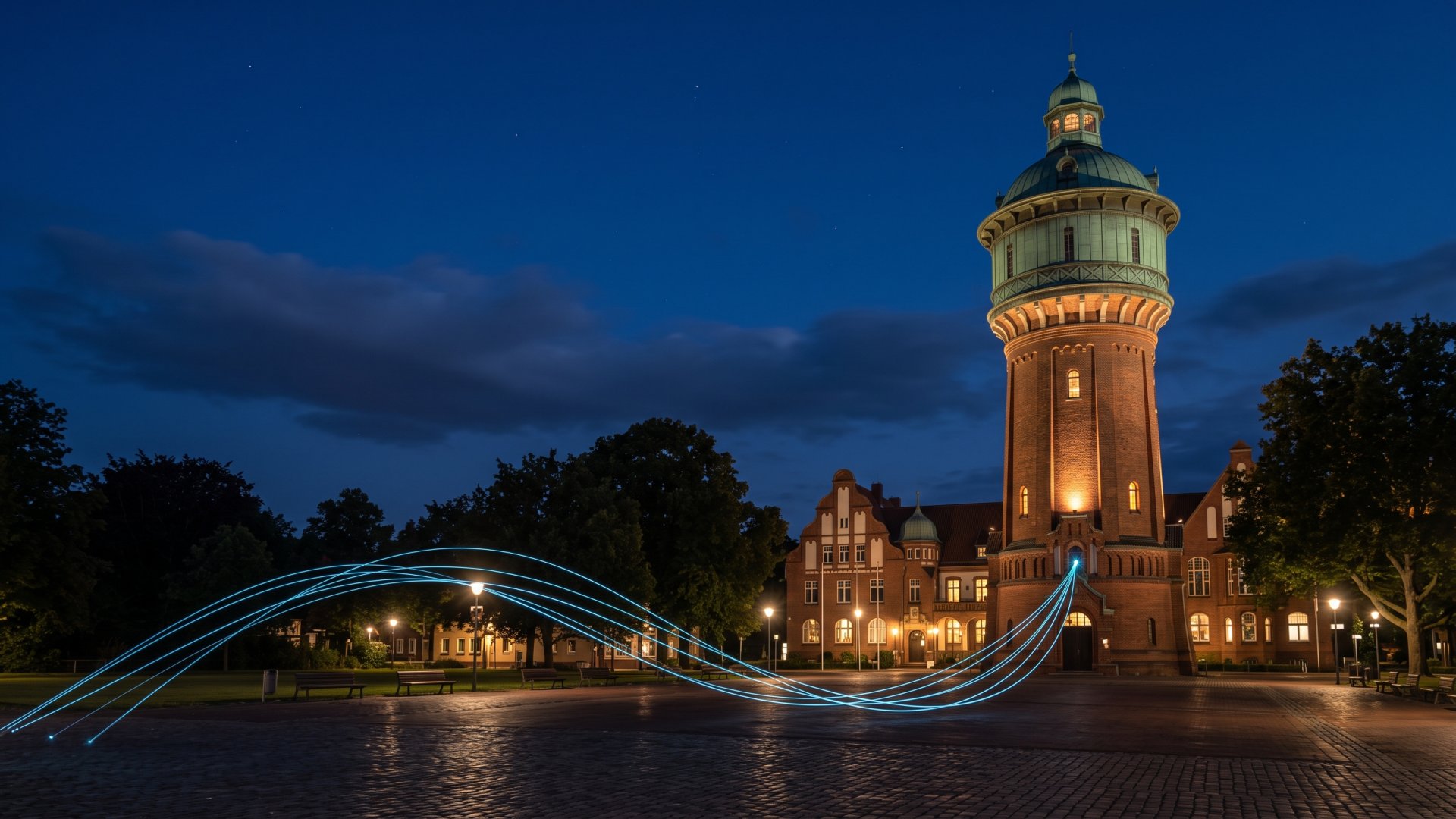 Wasserturm Delmenhorst zur blauen Stunde mit leuchtenden Datenlinien (KI-Symbolbild)