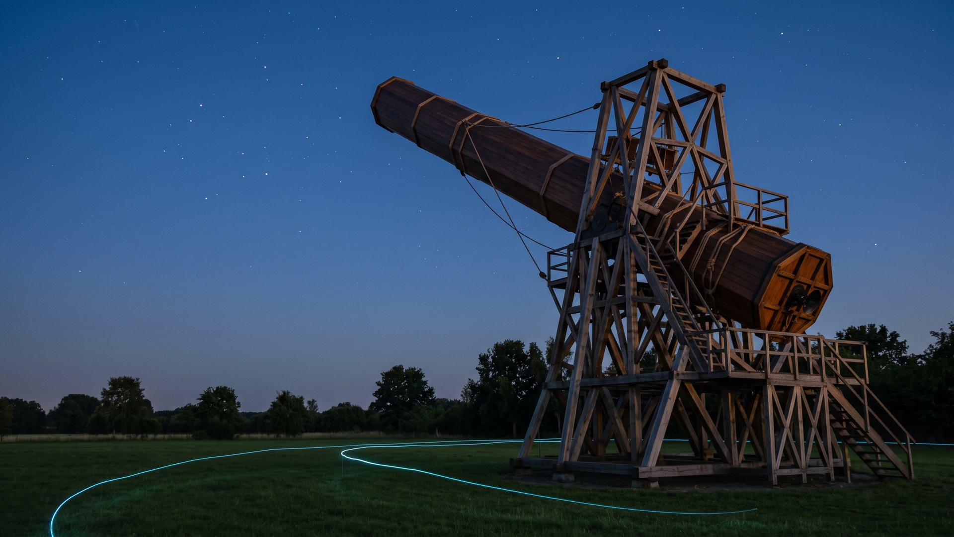 Telescopium Lilienthal, Nachbau des historischen Schroeter-Teleskops, zur blauen Stunde mit leuchtender Datenlinie (KI-Symbolbild)